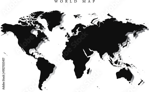 World Map Illustration Minimalist Black and White Continent Silhouette with Drop Shadow for Global Business, Logistics and International Operations