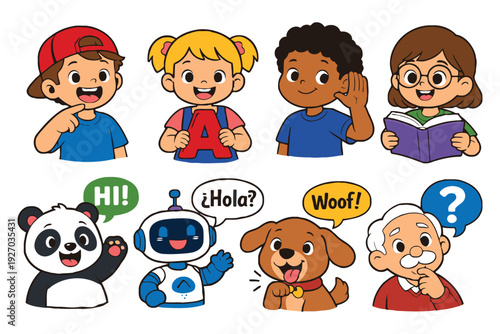 A colorful illustration of diverse children and animals with speech bubbles.
