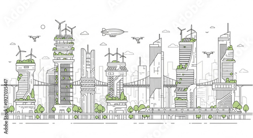 Futuristic cityscape with green skyscrapers and wind turbines flying vehicles