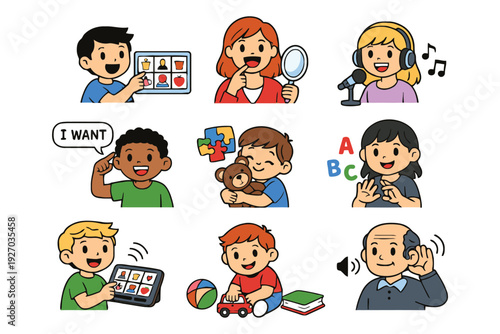 A diverse group of children and adults using various forms of communication and learning tools.