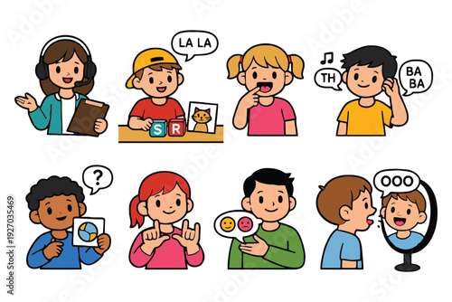 A diverse group of children and a teacher engaging in a fun learning experience with speech bubbles