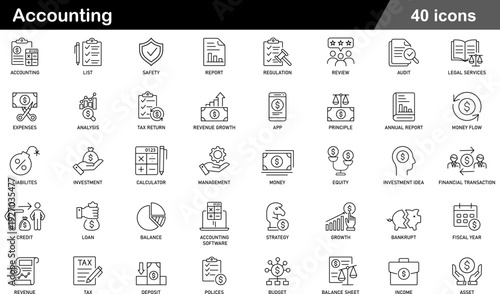 40 Accounting and Financial Icon Set Tax Return, Balance Sheet, Audit and Wealth Management Symbols in Minimalist Black and White Line Art