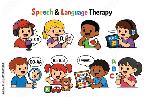 A colorful illustration of children engaging in speech and language therapy activities