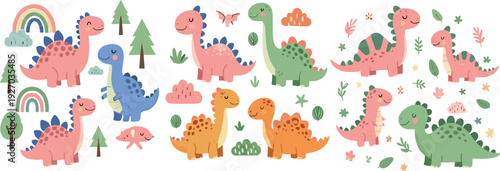 Cute Cartoon Dinosaur Collection with Rainbow, Trees and Nature Elements for Kids Nursery Vector Illustration Set