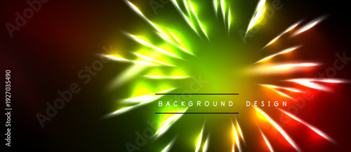 Bright radial burst, vibrant colors blend. Green dominates center, transitioning to orange, red. Dark background emphasizes glowing effect. Design feels energetic.
