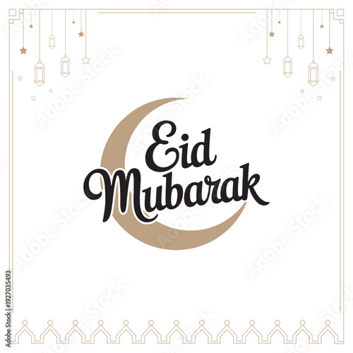 Eid mubarak golden crescent moon and lanterns