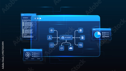 AI workflow automation artificial intelligence. ai agent workflow diagram dashboard processing nodes, analytics, coding panels, and system integration.
