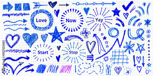 Hand drawn blue doodle collection with arrows hearts and text on grid paper