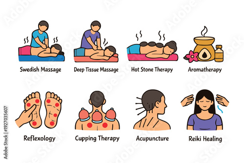 An infographic illustration of various holistic massage therapy techniques for relaxation and wellness