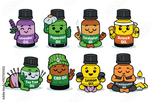 A colorful illustration of cartoon essential oil bottles with smiling faces and various labels.