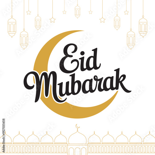 Eid mubarak crescent moon and lanterns