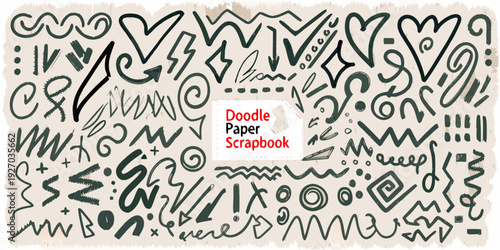 Collection of hand drawn doodle shapes and patterns on paper background