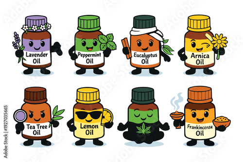 A colorful illustration of cartoon essential oil bottles with various characters and labels.
