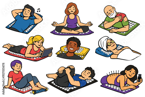 A diverse group of people relaxing and enjoying various leisure activities on colorful mats