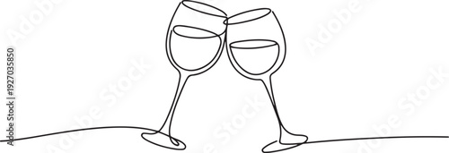 One continuous single line of hand drawn with Two glasses of wine cheering isolated. one line Icon drawing