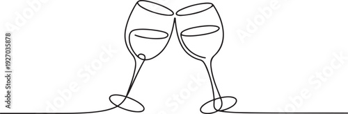One continuous single line of hand drawn with Two glasses of wine cheering isolated. one line Icon drawing