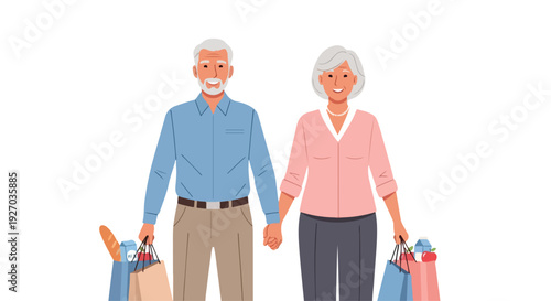 An elderly couple holding shopping bags and hands standing together.