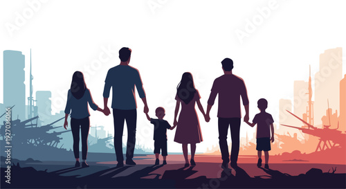 A silhouette of two families with children holding hands walking towards a city skyline at sunset.