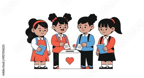 Four schoolchildren standing around a donation box with a heart on it.