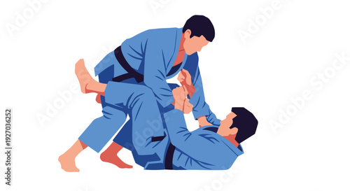 Two men in blue martial arts uniforms practicing grappling on the ground.