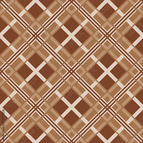 Seamless brown plaid vector pattern with geometric tartan grid and diagonal diamond shapes. Classic warm checkered background for textile, fabric and surface design