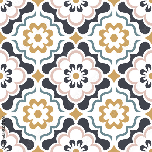 Seamless ornamental vector pattern with stylized floral tile motifs in pastel mustard, blush and blue tones. Decorative geometric background for textile and wallpaper
