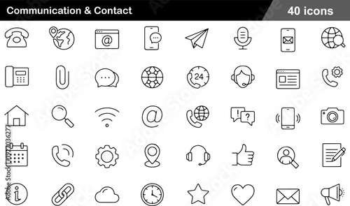 40 Communication and Contact Icon Set Telephone, Email, Speech Bubble and Location Pin Symbols in Minimalist Black and White Line Art