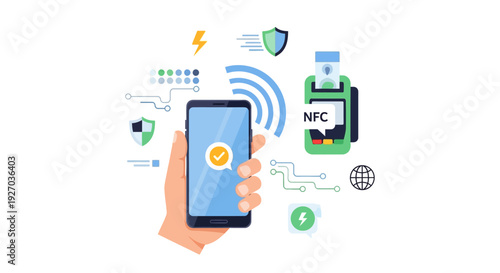Secure NFC Contactless Payment and Mobile Banking Concept. Hand using smartphone for digital transaction on POS terminal, featuring security and success symbols.