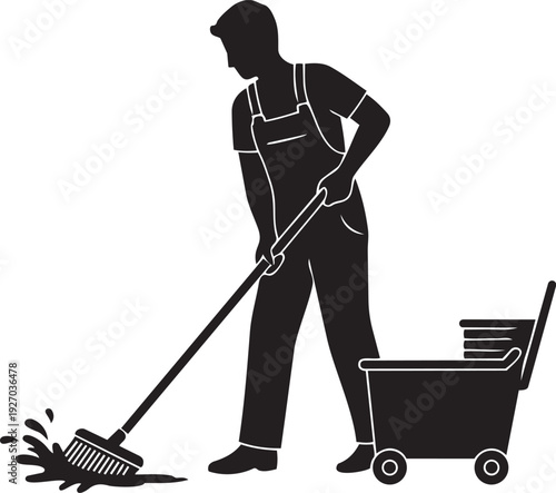 Janitor Pushing Mop and Bucket