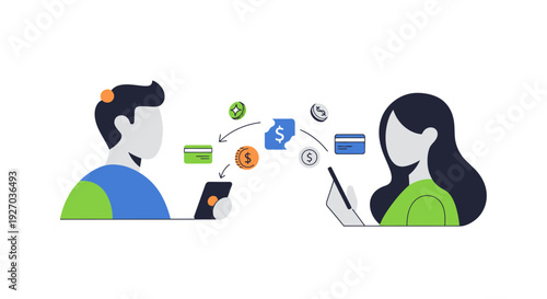 Mobile Peer-to-Peer Payment Transfer Illustration. Digital transaction concept between two users exchanging money with smartphones and credit cards.