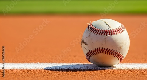 Close up of a baseball resting on the white foul line of a baseball field.