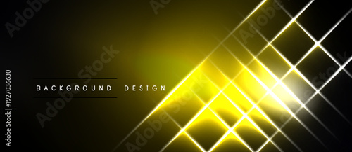 Dark backdrop features bright yellow lines forming geometric shapes. Light radiates from central point, creating dynamic visual effect.