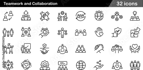 32 Teamwork and Collaboration Icon Set Mentorship, Unified Effort, Interlocking Hands and Global Team Symbols in Minimalist Black and White Line Art