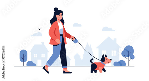 Woman walking a dog on a leash in a neighborhood with trees and houses.