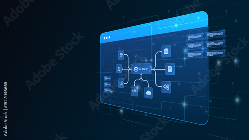 AI workflow automation artificial intelligence. ai agent workflow diagram dashboard processing nodes, database, coding, and automation system integration.