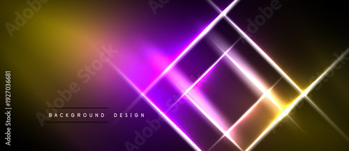 Abstract vibrant design features glowing lines, geometric shapes, gradient colors. Yellow, purple hues dominate dark background. Modern aesthetic.