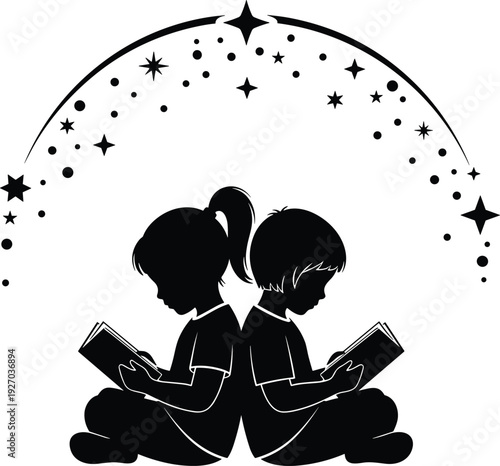 Vector silhouette of boy and girl reading books under a magic star arch, children education, imagination, storytelling, fantasy, and library concept.