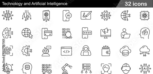 32 Technology and Artificial Intelligence Icon Set AI Smartphone, Robotic Brain, Cloud Server and Cybersecurity Symbols in Minimalist Black and White Line Art