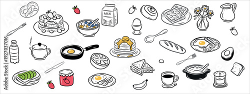 Collection of hand drawn breakfast doodle elements including waffles, pancakes, coffee, fruits, and pastries. Ideal for menus, cards, and creative projects.