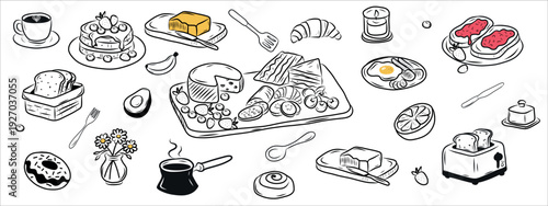 Set of hand drawn doodle elements featuring charcuterie board, cheese, fruits, meats, crackers, and snacks. Perfect for menu design, posters, and creative projects.