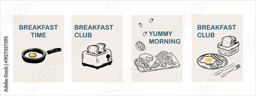Set of colorful doodle cards with breakfast quotes such as "Breakfast Time", "But First Coffee", "Breakfast Club", and "Yummy Morning". Perfect for posters, menus, and social media.