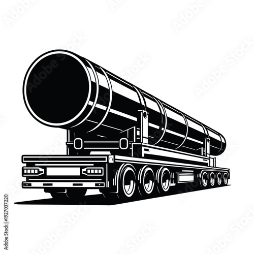 Large industrial pipes transported by truck, black-and-white, heavy machinery, logistics illustration
