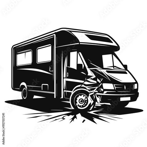 Crash illustration of RV in black and white, symbolizing accidents