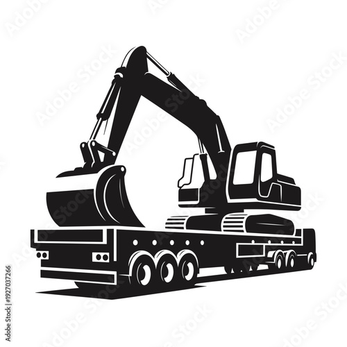 Backhoe loader on flatbed truck, black and white, construction equipment illustration