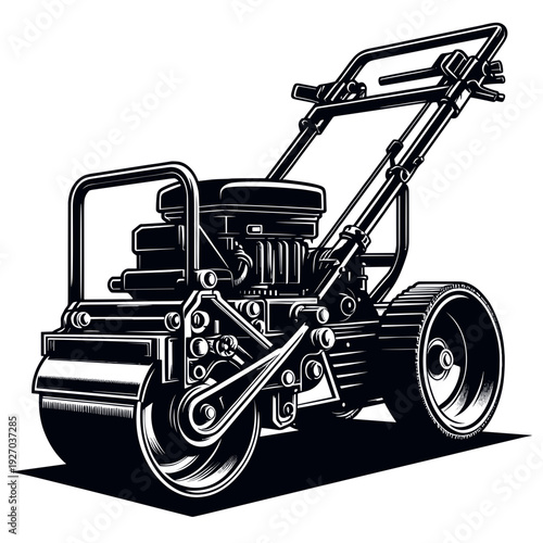 Vintage road roller, black-and-white illustration, construction equipment