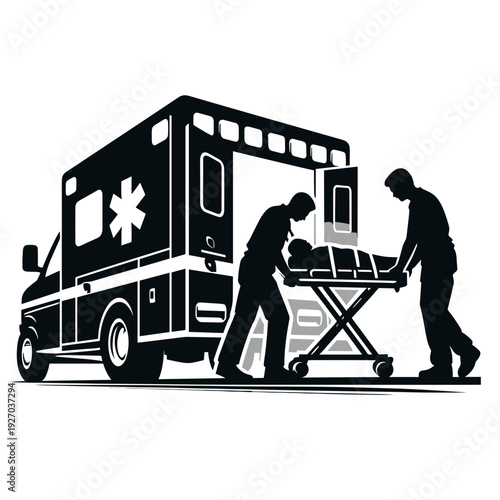Emergency workers loading patient ambulance graphic illustration