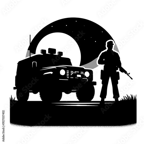 Military personnel with armored vehicle under moonlit sky