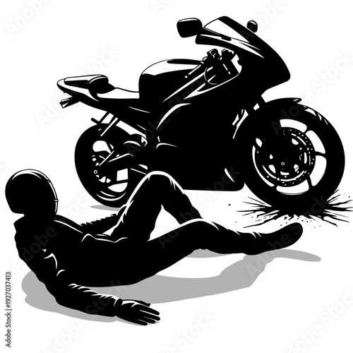 Man falling after motorcycle crash in black and white