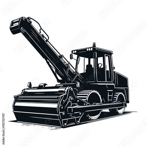 Heavy-dutyasphalt cutter machine illustration, black and white, construction vehicle