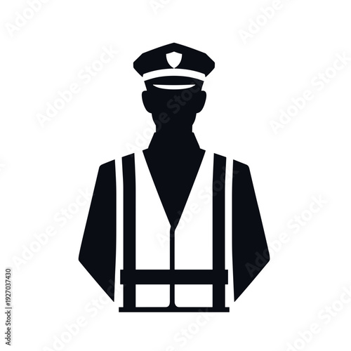 Police officer silhouette icon in black and white for security symbols